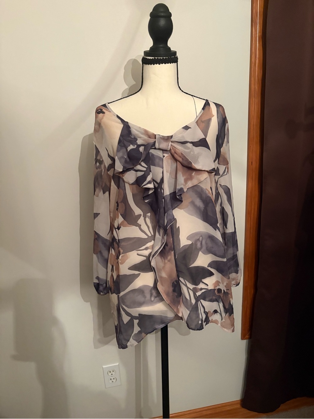 Sheer Floral Ruffle Front Blouse - Neutral Taupe & Slate